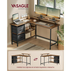 VASAGLE escritorio en forma de L, 2 cajones, soporte para Monitor Esquina/Gaming/escritorio de ordenador Estante ajustable Oficina en casa Marrón rústico