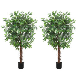 Paquete de 2 Árboles Artificiales de Ficus de 1.5 m, Planta Artificial con 756 Hojas Planas y Maceta Negra, Árbol de Ficus Artificial de 2 Troncos para Decoración Interior y Exterior del Hogar y la