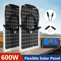 Panel Solar Flexible de 30W-600W, cargador de batería de 12V, USB Dual con controlador 10A-100A, Banco de energía de células solares para teléfono, coche yate