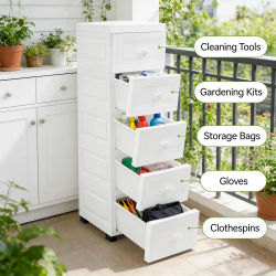 Cajón de PP blanco con ruedas, mueble lateral con 5 cajones, mueble de baño, cajón estrecho impermeable para colocar juguetes, ropa, Etc.