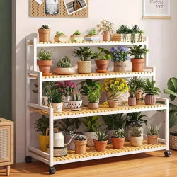 Estante móvil para flores, soporte de suelo blanco con ruedas, estante interior en capas, estante ajustable móvil y desmontable para lavabo de flores y plantas