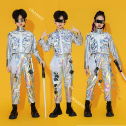 Traje láser espacial para niños, conjunto de baile robot, trajes de actuación plateados de pasarela futura de moda para hombres y mujeres
