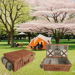 Cesta de picnic de sauce, juego de cesto de mimbre para exteriores para 4 personas, platos y cubiertos