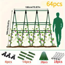 Un total de 64 accesorios: soportes de jardín (28 postes + 14 tubos de conexión + 18 hebillas de resorte + 4 horquillas en forma de A) para soporte de plantas y flores.