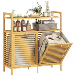 HOMCOM Mueble Ropa Sucia de Bambú Bolsas de Ropa Extraíbles y Lavables con Asa Estantes Abiertos Natural