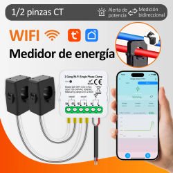 Medidor de Energía Inteligente WiFi Tuya AC100-240V 1/2CT con Pinza, Control por App, Monitor de Potencia 80A, Estadísticas de Electricidad