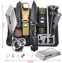 Kit de herramientas de emergencia portátil para exteriores, juego de equipo de camping compacto con estuche de almacenamiento, pulsera de paracord, manta de emergencia, silbato, tarjeta