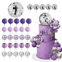 31 Uds. De bolas de discoteca moradas, decoraciones para pasteles, bolas plateadas con purpurina de perlas, adornos para tarta para boda, cumpleaños, Baby Shower, decoración para magdalenas