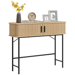Mueble Consola Homcom, Mesa Consola con Puertas Corredizas de Listones y Patas de Acero, para Sala de Estar, Roble y Negro