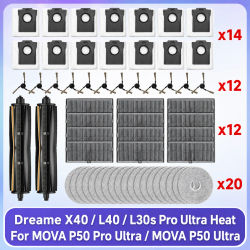 Compatible con (MOVA P50 PRO ULTRA / MOVA P50 Ultra, Dreame X40 Ultra / L40 Ultra / MOVA P10 PRO ULTRA) Piezas de Aspiradora Rodillo Principal Tricut Cepillo Lateral Filtro Paño de Bolsa de Polvo