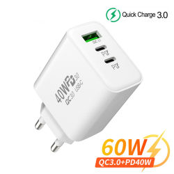 Cargador USB C PD de 60W, cargador USB rápido de 3 puertos, adaptador de cargador de pared con enchufe UE/EE. UU./Reino Unido QC 3,0 para iPhone 17 16 15 Xiaomi Huawei Samsung
