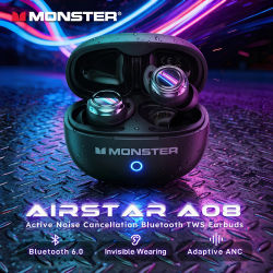 Auriculares Bluetooth 6.0 Monster A08 ANC, Mini Auriculares Invisibles Intrauditivos Deportivos, Cancelación Activa de Ruido, Auriculares Inalámbricos TWS