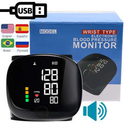 Nuevo Monitor de presión arterial de muñeca LED, esfigmomanómetro de transmisión de voz en inglés recargable, tonómetro, Monitor BP