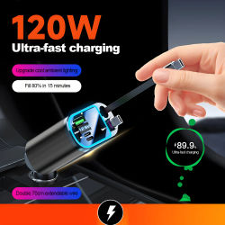 Cargador de coche retráctil de 120W con techo Starlight Cable USB C cargador rápido adaptador de encendedor de cigarrillos para IPhone Huawei Samsung