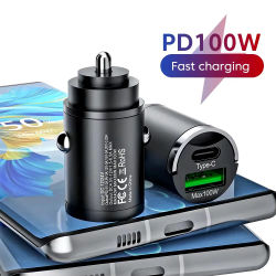 Mini 100W PD QC anillo de tracción cargador de coche de carga súper rápida USB C adaptador de cargador de teléfono de coche para iPhone Xiaomi Samsung Huawei