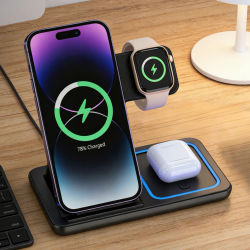 Estación de Carga Inalámbrica Plegable 3 en 1 para iPhone 17 16 15 14 13 12 Pro Max, iWatch 11, Airpods Pro 4/3, Base de Carga Rápida