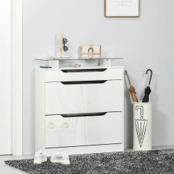 Mueble zapatero con 2 puertas plegables, 1 cajón, placa de cristal, 89x96cm, para 16 pares, blanco, MDF