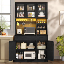 Mueble de Cocina, Aparador, con Enchufes y Tiras de Luz LED, con Encimeras y Dos Cajones, Estantes Ajustables, Cocina, Negro