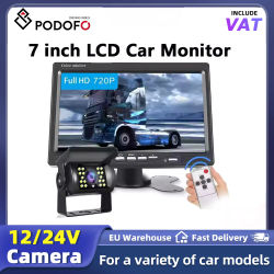 Podofo Monitor LCD HD de 7 Pulgadas para Automóvil con Cámara de Reversa, Pantalla a Color, Kit de Visión Trasera para Camión, Autobús, Camioneta