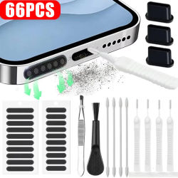 Juego de limpieza de puerto de carga para altavoz de teléfono móvil, tapón antipolvo para iPhone 17 16 14, Kit de limpieza de auriculares, cepillo para Samsung Xiaomi, 66 Uds.