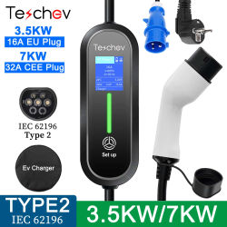 Cargador Portátil Teschev de 3.5kW Tipo 2 para Vehículos Eléctricos, Cable de Carga de 7KW IEC62196-2 EVSE, Cargador de Pared para Coche Eléctrico