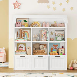 Getone Mueble Almacenaje Juguetes, 7 compartimentos, 3 cajones con ruedas, Estanteria Infantil, Mueble Organizador Juguetes Forma de la casa 120x33x117.5cm