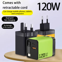 Cargador de 120W equipado con cable de datos telescópico de nitruro de galio para carga rápida, adaptador de cargador de teléfono para Android y iPhone.