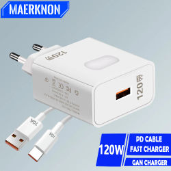Cargador USB GaN de 120W, cargador rápido 3,0, Cable tipo C de carga rápida, adaptador de cargador de teléfono móvil para Xiaomi, Samsung y iPhone
