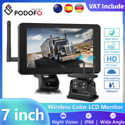 Podofo Monitor de coche HD inalámbrico de 7 pulgadas con cámara de visión trasera de visión nocturna para camión, autobús, RV, remolque, excavadora, sistema BSD de 12V-36V