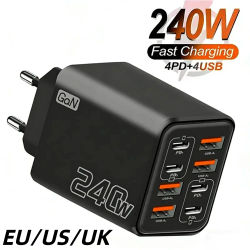 Cargador USB C GaN de 240W 8 en 1, adaptador de corriente de carga rápida para iPhone, Samsung, Xiaomi, con enchufe EU/US/UK, cargador de viaje.