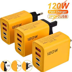 Cargador de 4 puertos y 120W con USB C PD, carga rápida 3.0, tipo C, adaptador de carga súper rápida para iPhone, Samsung, Xiaomi