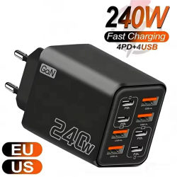 Cargador USB C GaN de 240W, 8 en 1, adaptador de corriente de carga rápida para iPhone, Samsung, Xiaomi, tipo C, enchufe europeo/estadounidense, cargador de pared