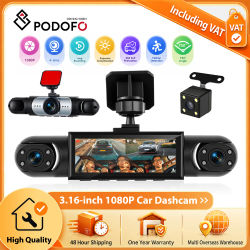 Cámara para Coche Podofo con Visión Nocturna, Monitor de Estacionamiento, Grabación en Bucle, Detección de Movimiento, Cámaras de Visión Interior Izquierda, Interior Derecha y Trasera de 480P, Cámara