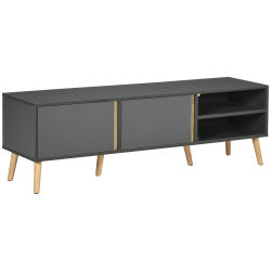 HOMCOM Mueble TV para televisores de hasta 55 pulgadas, diseño escandinavo, 2 puertas, 2 nichos con paso para cables, 150x35x45 cm, gris oscuro