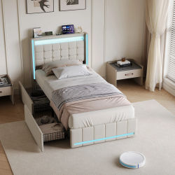 Superaly, Cama Individual 90x200cm, Cama Tapizada con Almacenamiento, con 2 Cajones y Cabecero, Camas Beige para Adolescentes, para Muebles de Dormitorio Modernos