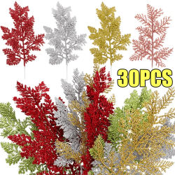 5/30 Uds. De hojas doradas y plateadas con purpurina navideña, decoración de árbol de Navidad, colgante de plantas artificiales, ramas de pino, adorno de Año Nuevo para el hogar