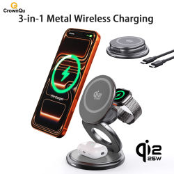 Cargador Inalámbrico Metálico Qi2.2 de 25W, Base de Carga Rápida Portátil con Rotación de 360° ° Soporte Giratorio para iPhone 17 16 15 14 Pro Max, Reloj y Airpods