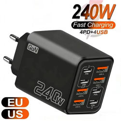 Cargador USB C GaN de 240W, 8 en 1, adaptador de corriente de carga rápida para iPhone, Samsung, Xiaomi, tipo C, enchufe europeo/estadounidense, cargador de pared