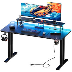 Escritorio para juegos FRODROVIA RGB con luces LED y soporte elevado para monitor, mesa para juegos con superficie de fibra de carbono, escritorio para computadora con estructura de acero doble en