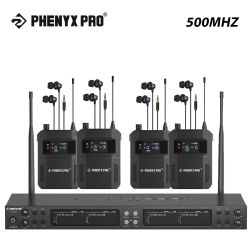 Phenyx Pro Sistema de Monitor intrauditivo inalámbrico Mono, cuatro canales, 500mhz, con 4 salidas de bucle, frecuencias UHF, montaje en Rack para estudio/banda