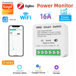 16A Tuya WiFi/zigbee Control bidireccional con Monitor de potencia Mini interruptor inteligente Control de aplicación Smart Life Alexa a través de Google Home