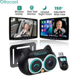 Adaptador OTTOCAST Cabin Care de Carplay con cable a inalámbrico, cámara para bebé en el coche HD 1080P 150 ° Monitor de visión nocturna gran angular para el asiento trasero
