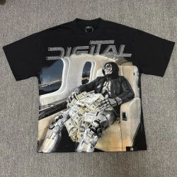 Camiseta de hombre vintage con estampado digital de robot y diamantes de imitación, estilo hip hop, oversize, de algodón, manga corta, streetwear.