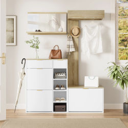 Muebles de entrada con banco, espejo, panel y mueble para zapatos con 2 cajones - 130 × 30 × 174 cm - Blanco natural