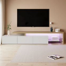 Rosahqnda Mueble para TV para Salón, Mueble bajo para TV con LED, Pizarra Interior, 2 Partición de Vidrio, 3 Cajones, Blanco/Negro Alto Brillo