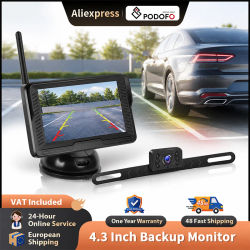 Cámara de Reversa Inalámbrica Podofo con Pantalla de 4.3'', Resistente al Agua IP69, Visión Nocturna Infrarroja, Línea de Guía de Reversa Ajustable Integrada, Monitor Digital para Asistencia de
