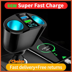 Encendedor de cigarrillos para coche, divisor de enchufe de 12V-24V, luz de atmósfera azul, PD, QC3.0, 2 puertos USB, cargador C, cargadores DVR para teléfono móvil