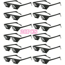 Gafas de sol negras para adultos y adolescentes, lentes de sol de 8 bits, con diseño de mosaico pixelado, accesorios para la cara, 20/6 piezas