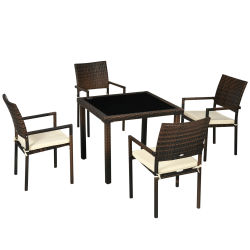 Outsunny Conjunto de Muebles de Ratán Sintético 5 Piezas Mesa de Centro con Tablero de Vidrio y 4 Sillas con Cojines para Terraza Patio Balcón Marrón