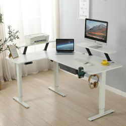 Escritorio en forma de L Radlove de 160 cm, eléctrico, ajustable en altura, con soporte para monitor y cajón, color blanco.